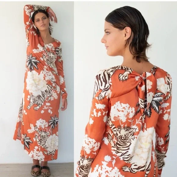 NWT Las Sureñas Tiger Romantic Silk Maxi Dress Size Medium - Picture 2 of 15